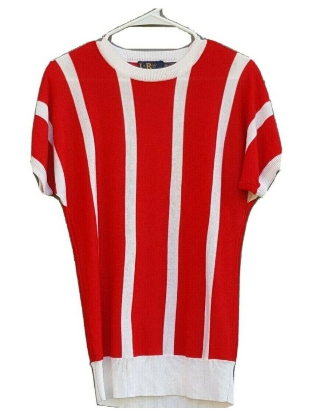 Vintage LeRoy Knitwear Womens Sweater Top S White Red Striped Short Sleeve